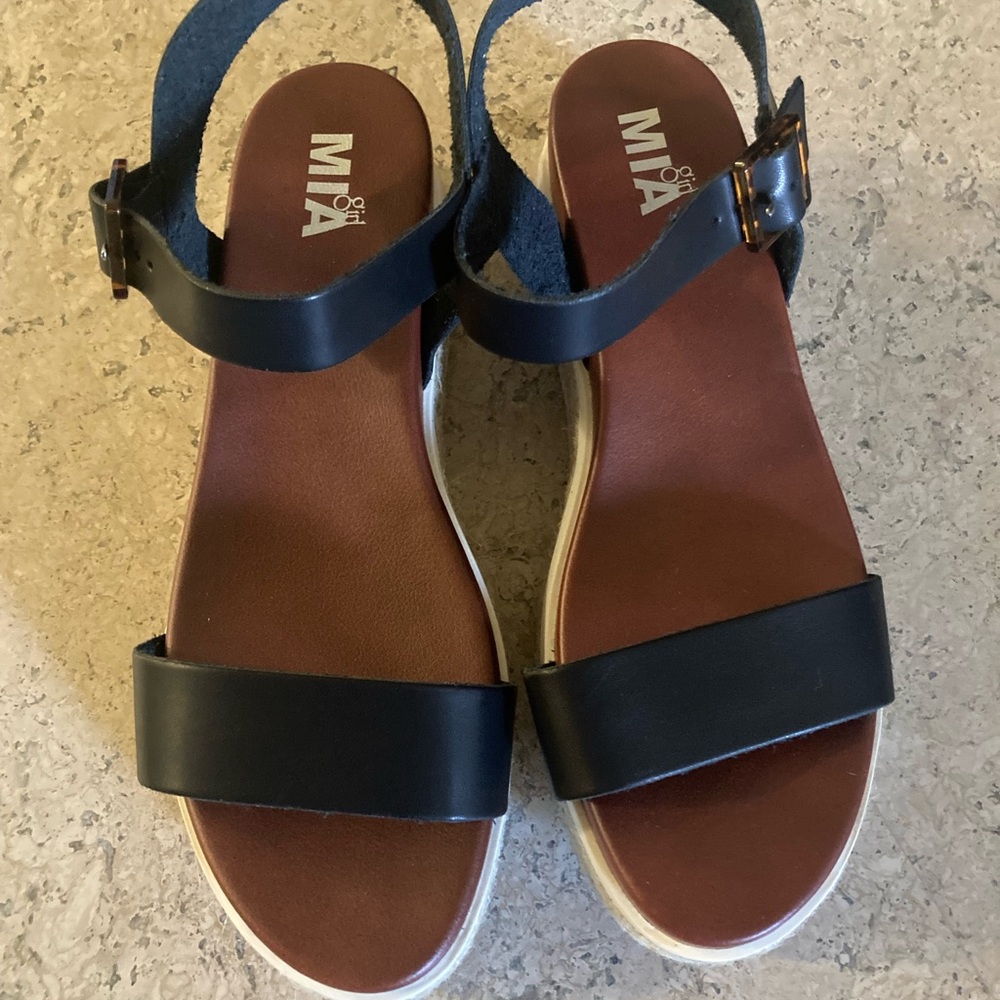 MIA Black Leather Ankle-Strap Sandals